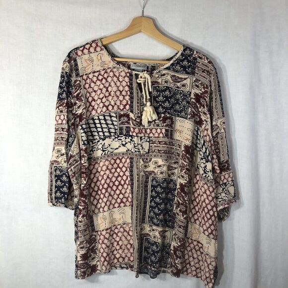 Catherines Size 2x Beige w Navy Burgundy Print Patchwork Split Neck Shirt - Picture 1 of 10